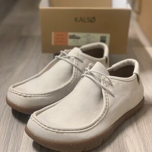 KALSO Men's sz 10.5 White Shoes Natural Leather Negative Heel Loafer Oxford